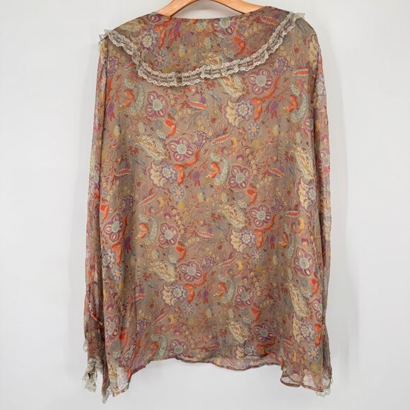 Alain Weiz Womens Floral Silk Blouse lined Lace Trim Ruffle size 20w beige - Picture 9 of 14